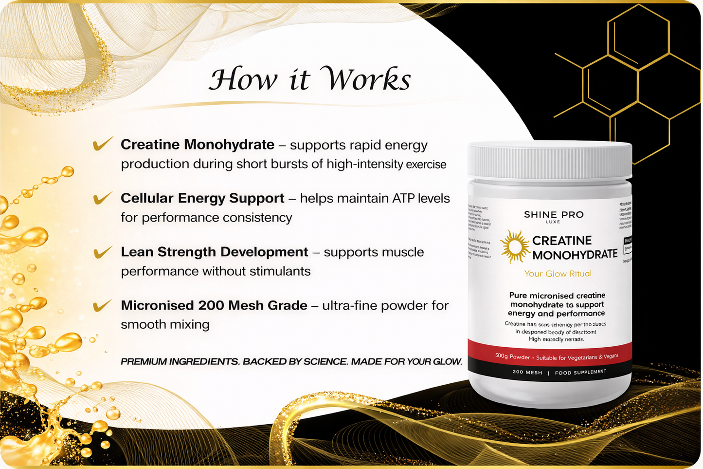 Shine Pro Luxe Creatine Monohydrate 500g | Pure Micronised 200 Mesh | Energy & Performance Support