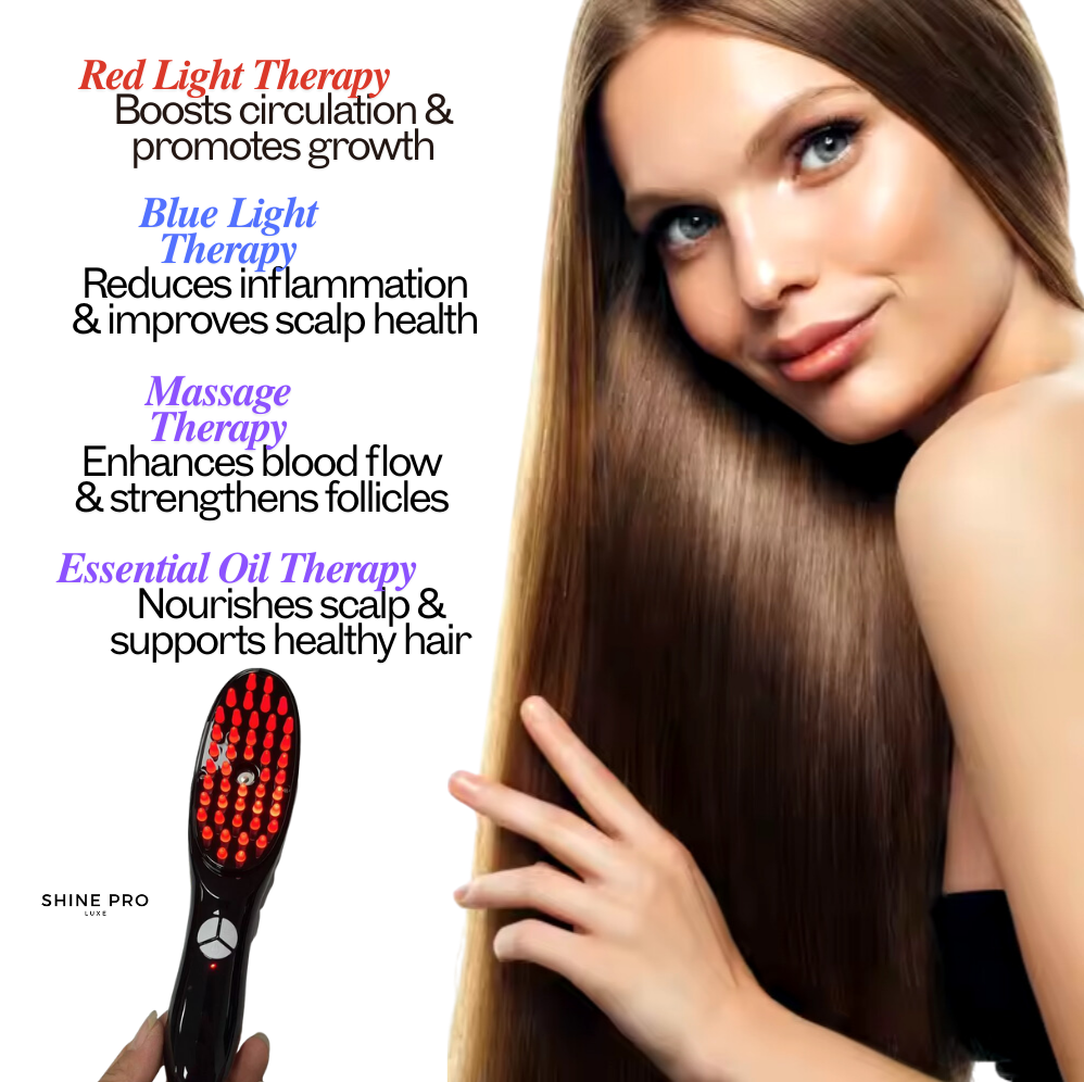 Woman using a light therapy hair brush with essential oils for shinier, healthier hair.